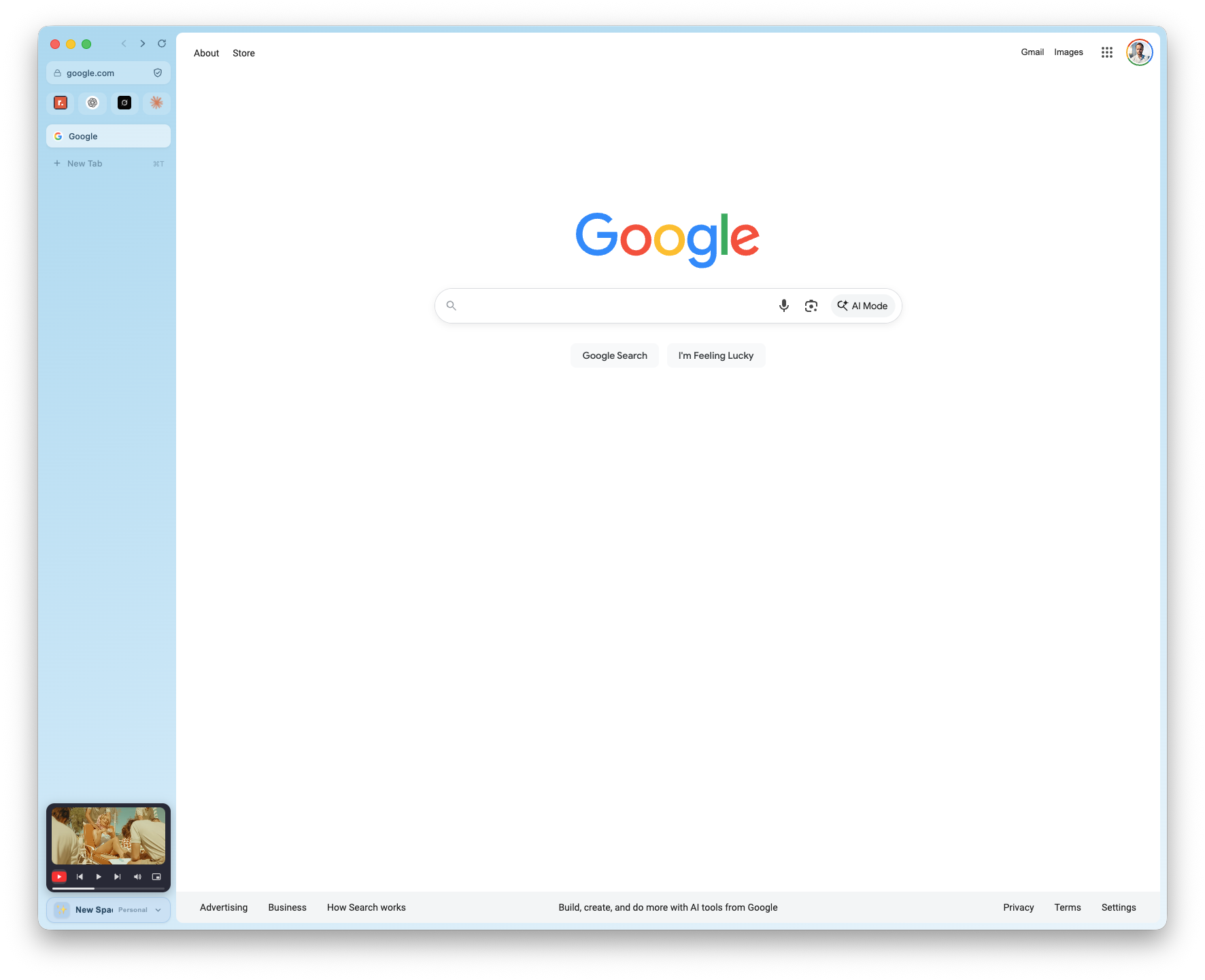 The Viola browser: workspaces and tab groups in the sidebar, a page open beside them